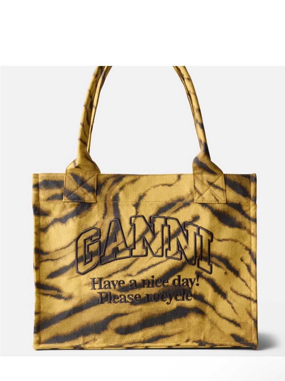 GANNI Yellow Black Tiger Print Logo Tote Bag Embroidered Recycled Shopper